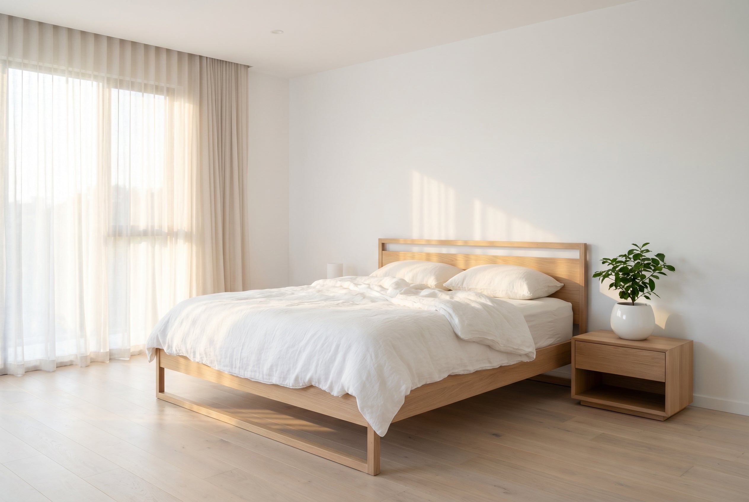 Helles Schlafzimmer mit leichter weisser Sommerdecke auf Holzbett im Morgenlicht