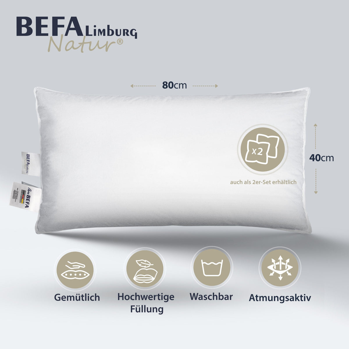 Federkissen - 100% Federn (2 Stück Set) - 40x80 cm (2 Stück)