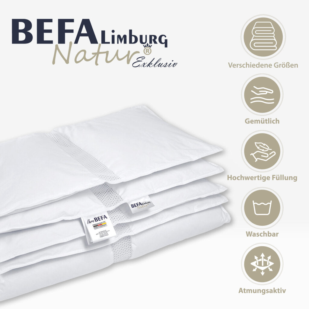 Clima Bettdecke - 90% Daune, Sommerdecke (2 Stück Set) - Seitenansicht | BEFA Limburg