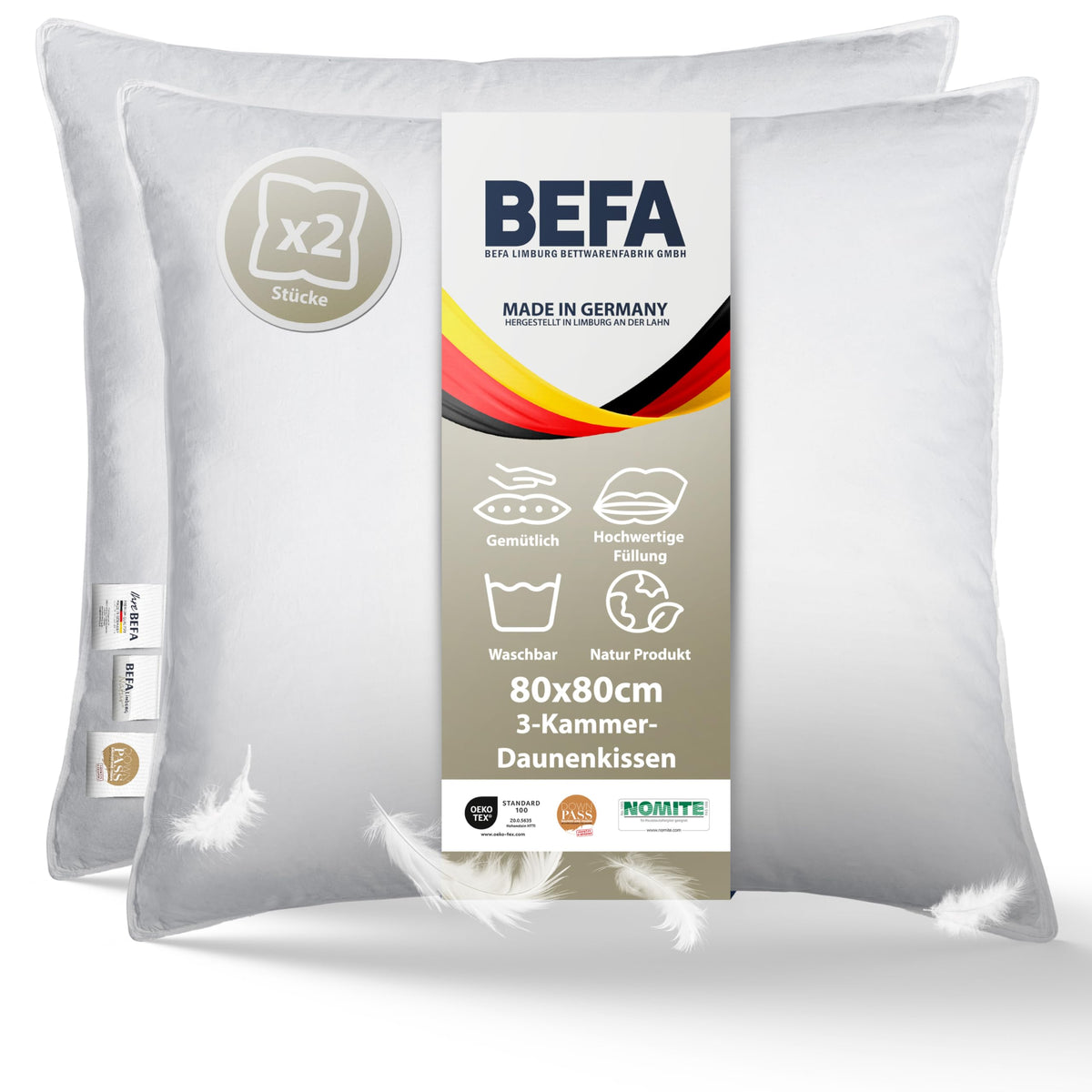 3-Kammer Daunen Kopfkissen (2 Stück Set) - 80x80 cm (2 Stück)