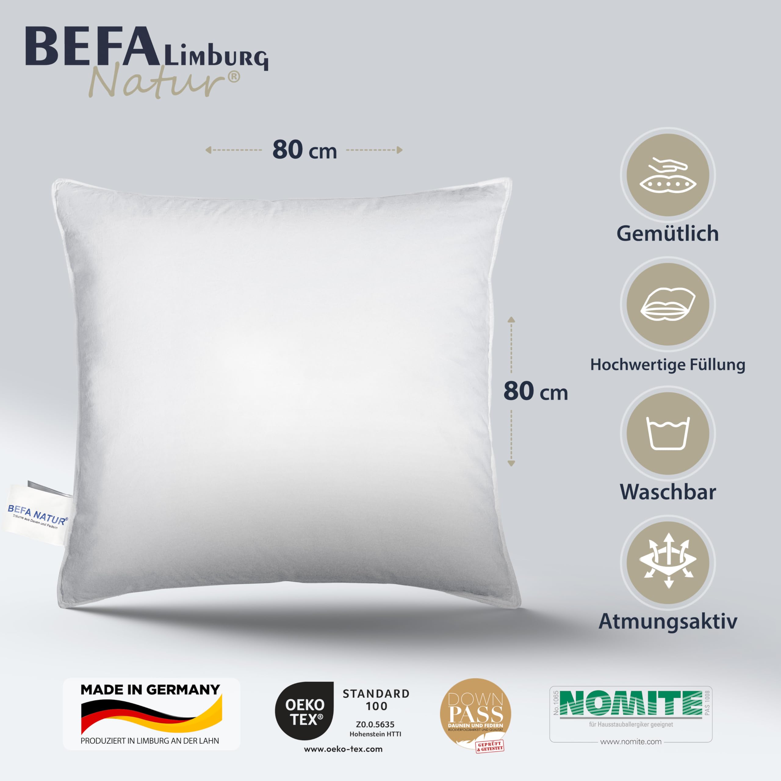 Pillow 80x80 | Down, feathers, 3-chamber | BEFA – BEFA Limburg
